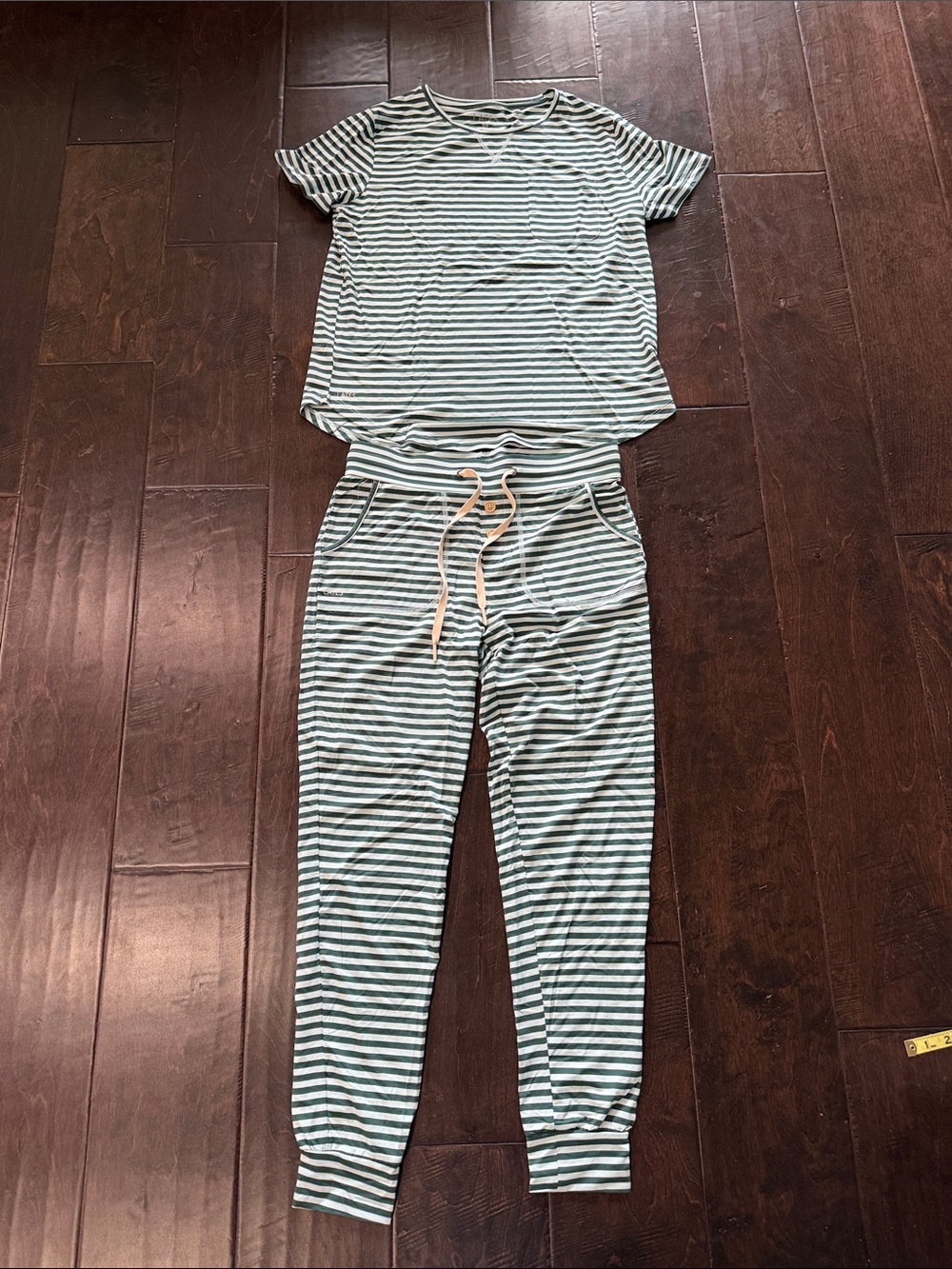 Lates By Kate Striped Green & Lt Aqua Jam Pants Set. Top + Bottom. Women’s Small